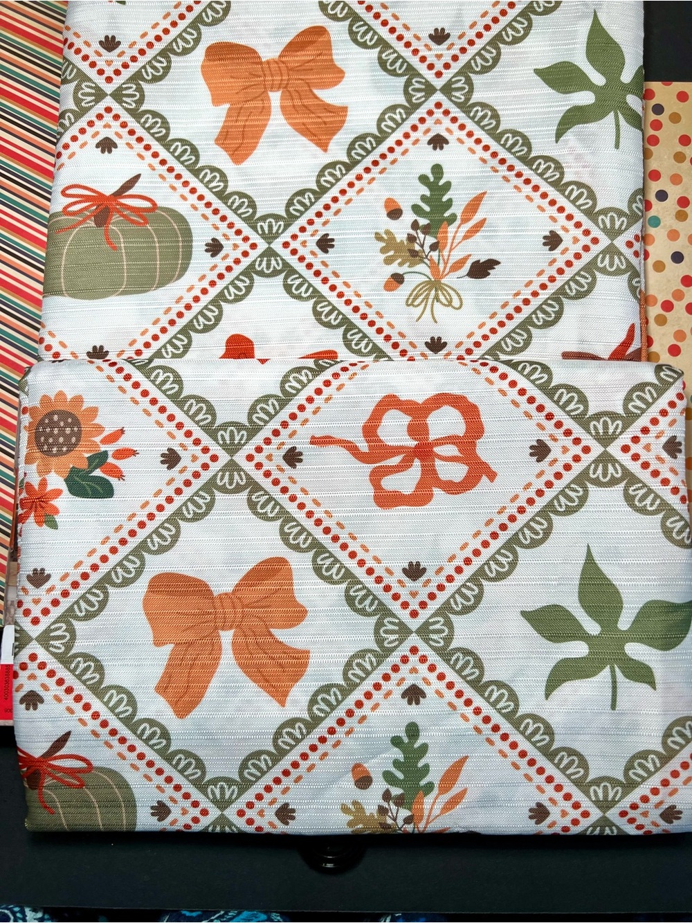 Autumn Patchwork Harvest Fabric Shower Curtain Pumpkin Ribbon Bows Leaves Flower